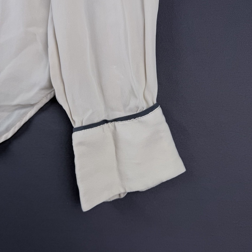 J.Crew Beige/Black Silk Collared Button-Down Blouse 10 Long Sleeve Pocket - Picture 6 of 11